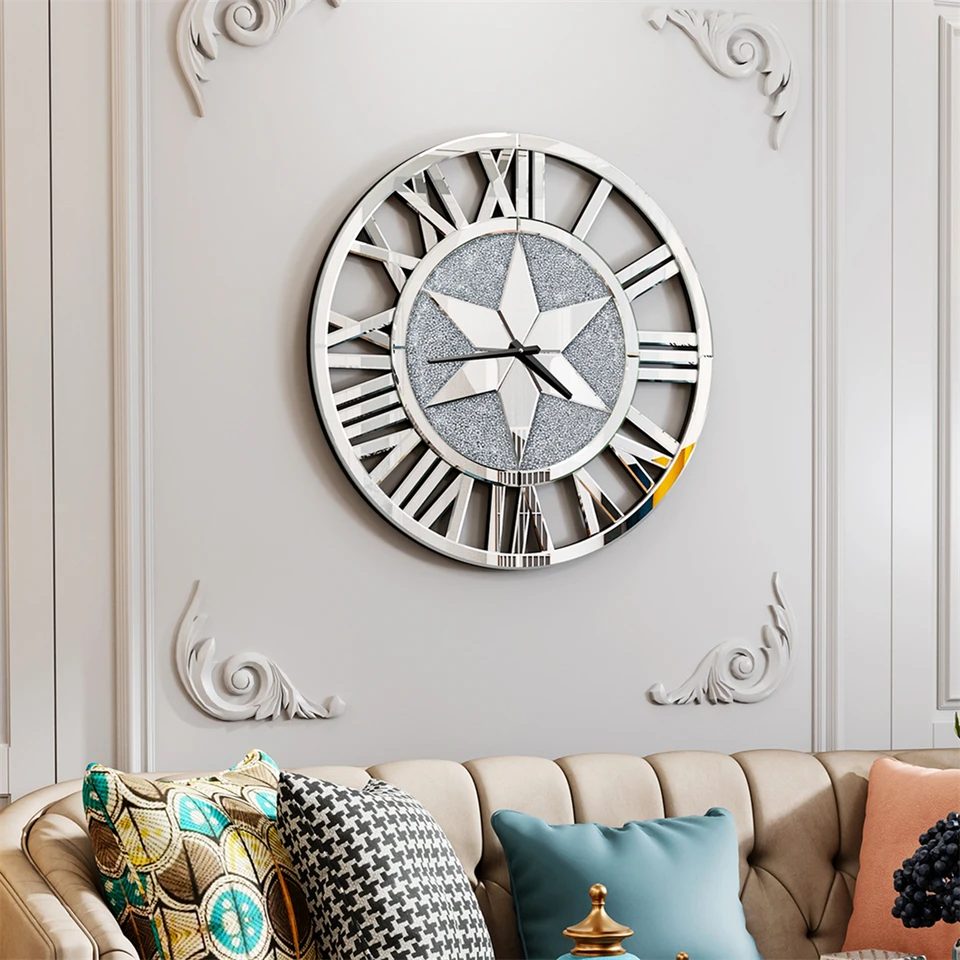 Large Round Mirrored Wall Clock with Roman Numerals