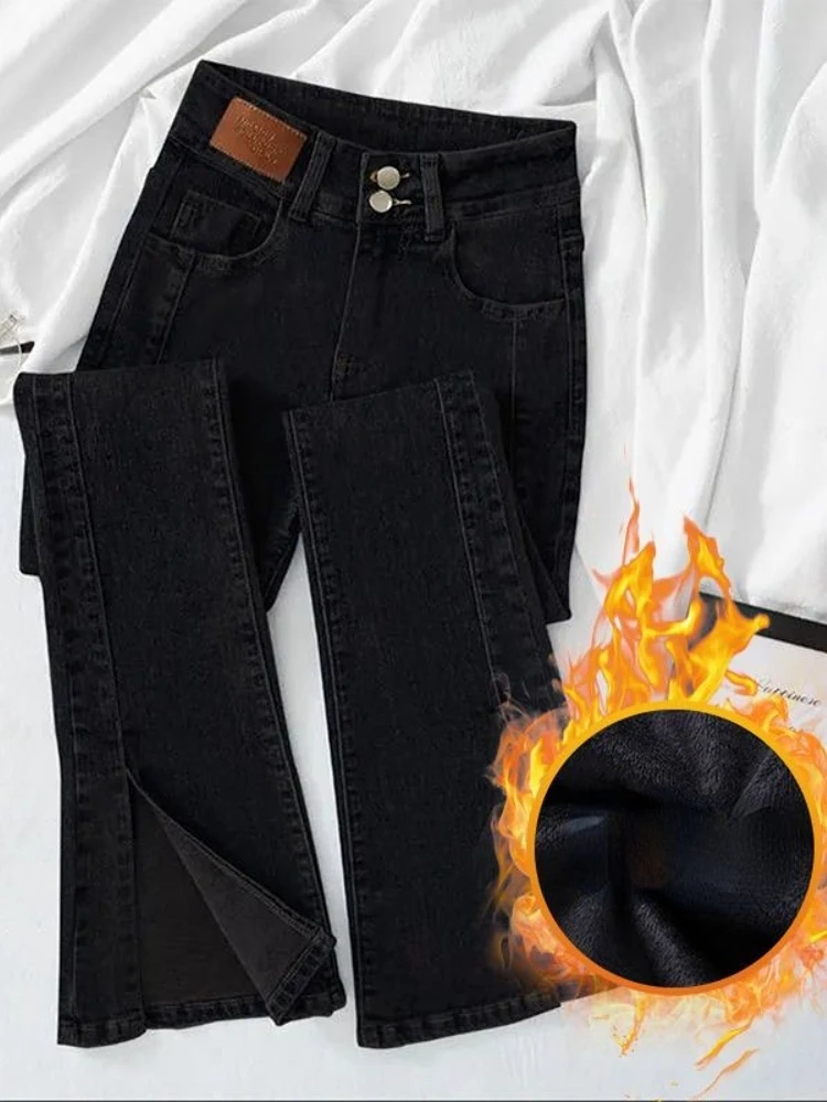 

Winter Women Velvet Thickened Jeans High Wait Flare Pants Female Streetwear Style Warm Black Slit Hem Trousers 2022 SHNSOPHI