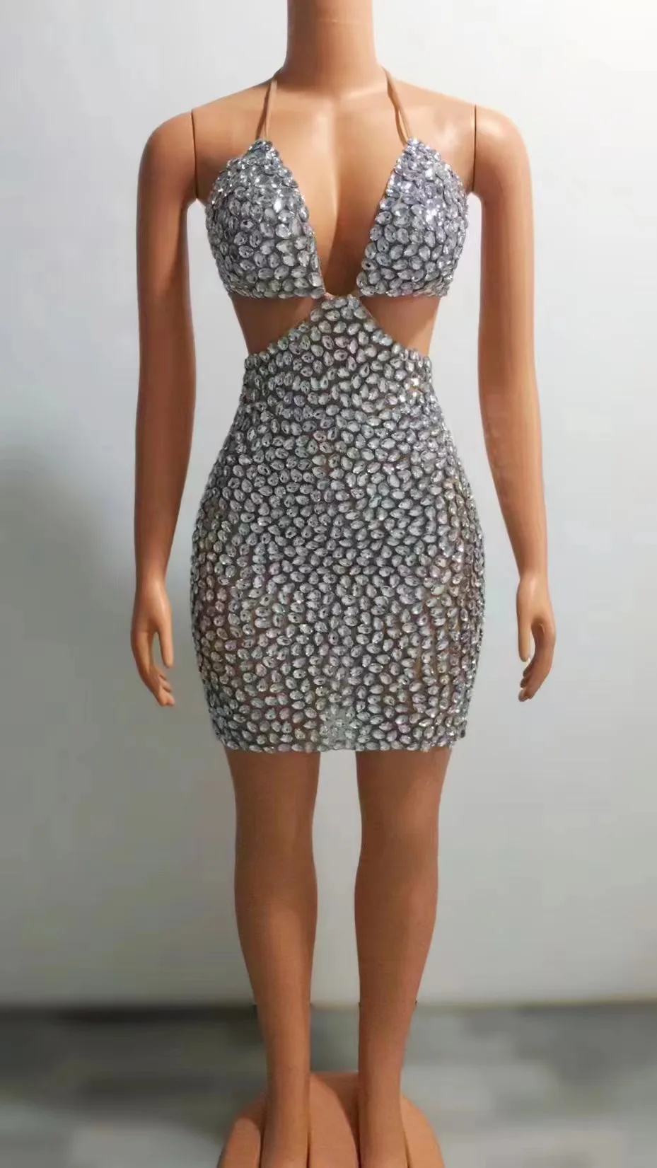 

Glisten Full Silver Rhinestones Bra Mini DressBirthday Celebrate Sexy Stage PerformanceOutfit Women Dancer Show Singer Wear