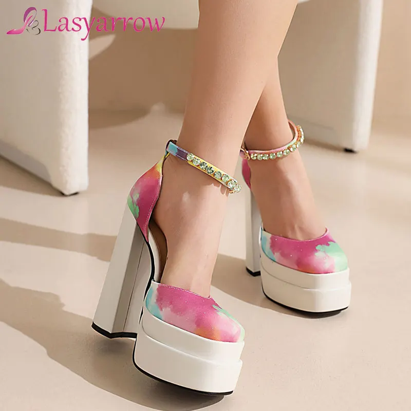 

Lasyarrow Fashion Mix Colors Women Pumps High Heel Platform Shoes Woman Crystal PU Leather Square Toe Party Spring Summer Shoes