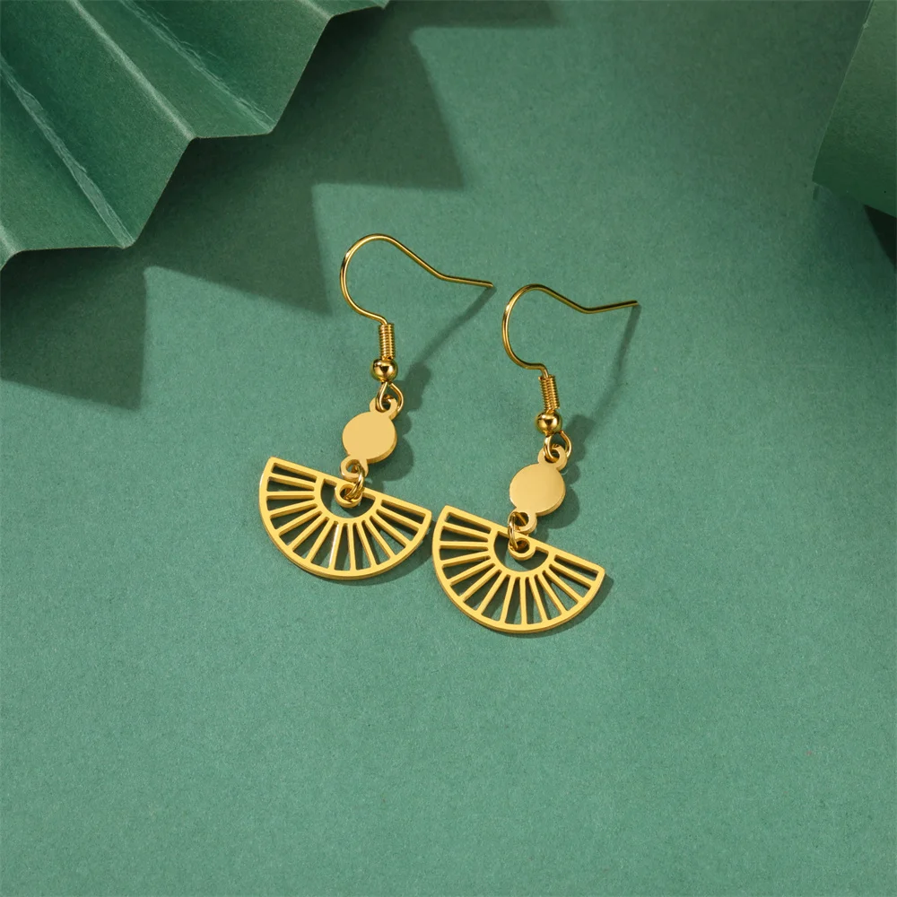 Halbrunde Form Fan Anhänger baumeln Creolen Frauen Mädchen geometrische böhmische Edelstahl Schmuck Geburtstag Party Geschenke – Detail 8
