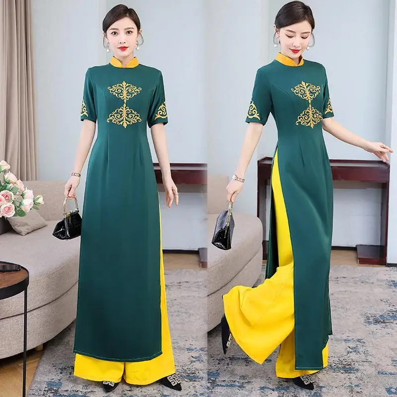 

Elegant Retro Vietnam Ao Dai Cheongsam Women Chinese Style Two-piece Suit Floral Print Dress Spring Autumn Embroidery Qipao