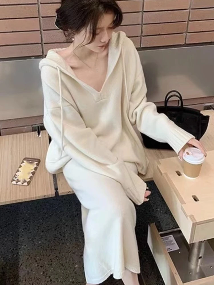 

Korean Fashion Two-Piece Knitted Sweater Suits Autumn Winter Blouses Tops and Skirt Set Casual Elegant Female Hoodies Outfits