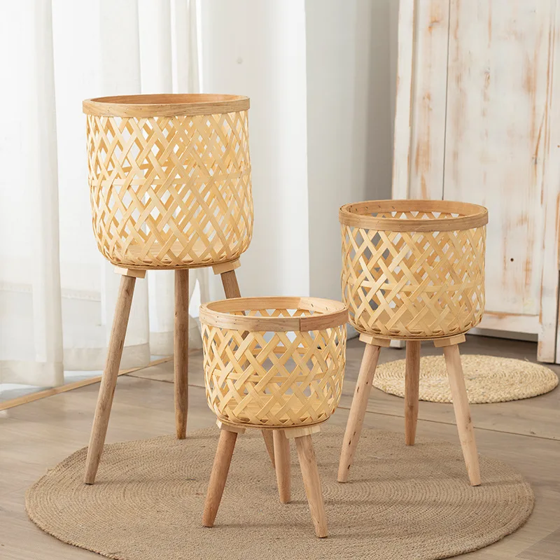 Elegant Wood Woven Standing Planter Basket with Legs