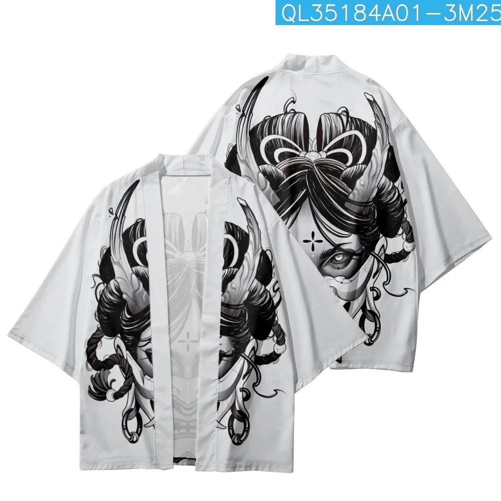 Men Women Beach Yukata Asian White Clothing Japanese Cardigan Cosplay Haori Demon Print Shirts Traditional Casual Kimono