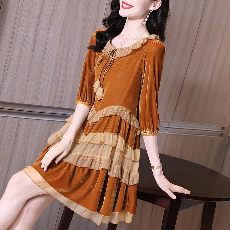 

Vintage Ruffles Patchwork Mini Dress Spring Autumn 3/4 Sleeve Female Clothing Casual Round Neck Fashion Drawstring Loose Dresses