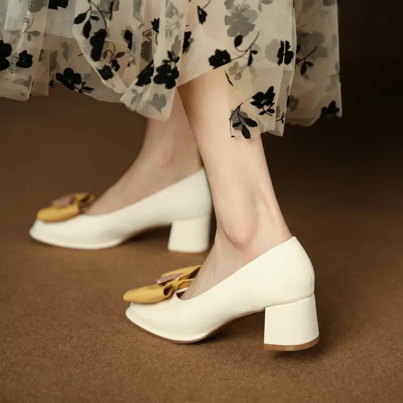 

Женские туфли с закрытым носком, на толстом среднем каблуке, без застежки, с круглым носком и бантом-бабочкой, 2024