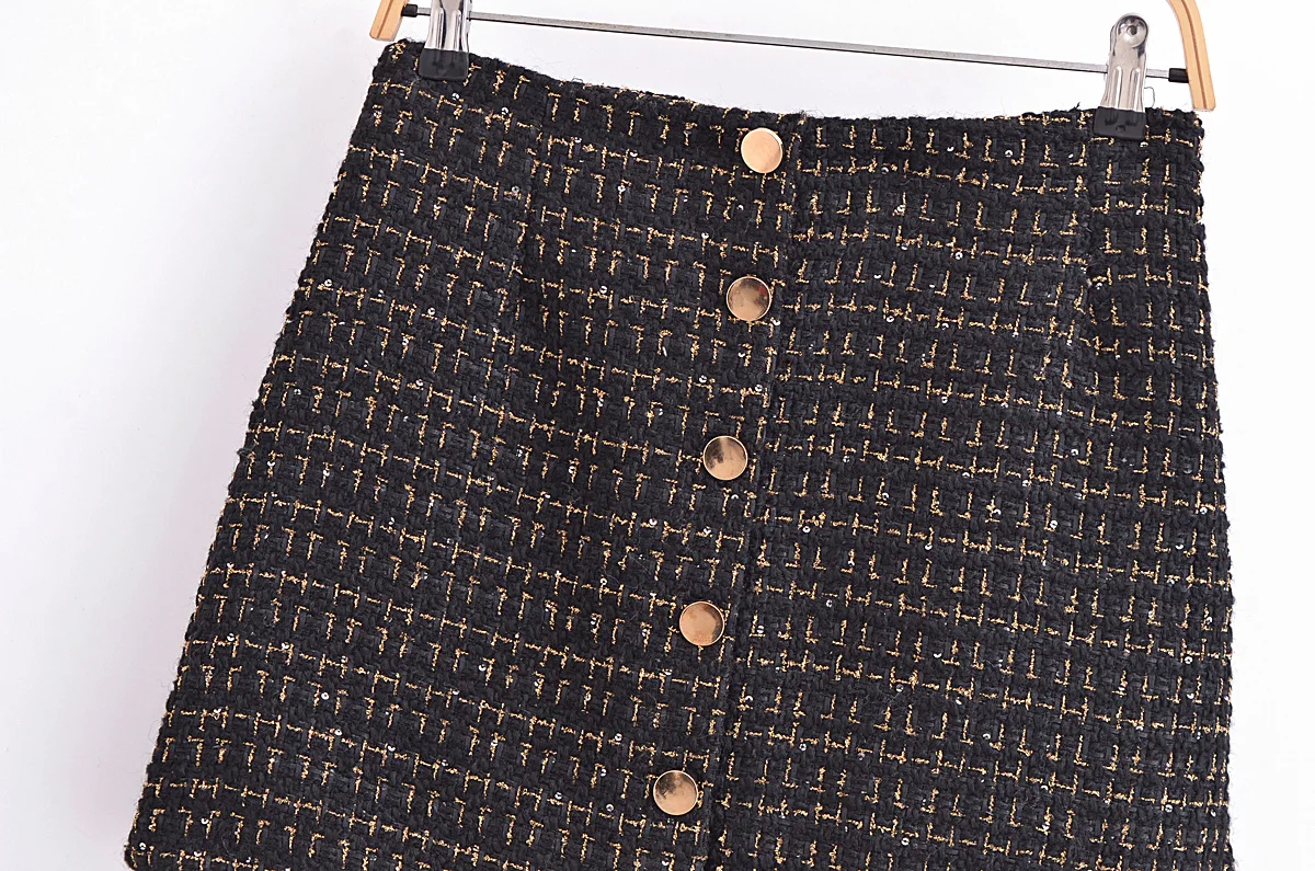 French Retro Women Black Weave Gold Line Tweed Blazer High Waist Center Buttons Back Zipper Mini Skirt Set Suits 2 pieces 1 set
