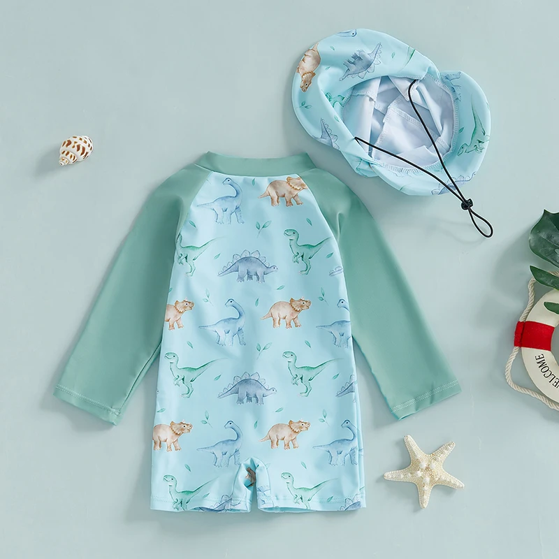 Kids Baby Boys Summer Swimwear Casual Dinosaur/Sea Creature Print Zipper Rash Guard Swimsuit and Hat Beachwear Bathing Suit