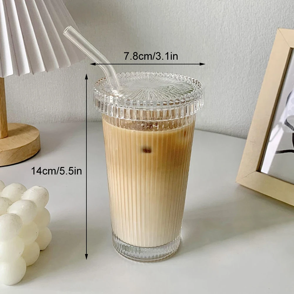 2/1Pcs 375Ml Vertical Stripe Glass Cup With Lid Straw Cup Transparent Ribbed  Tea Coffee Cup Juice Beer Milk Mocha Breakfast Mug - AliExpress