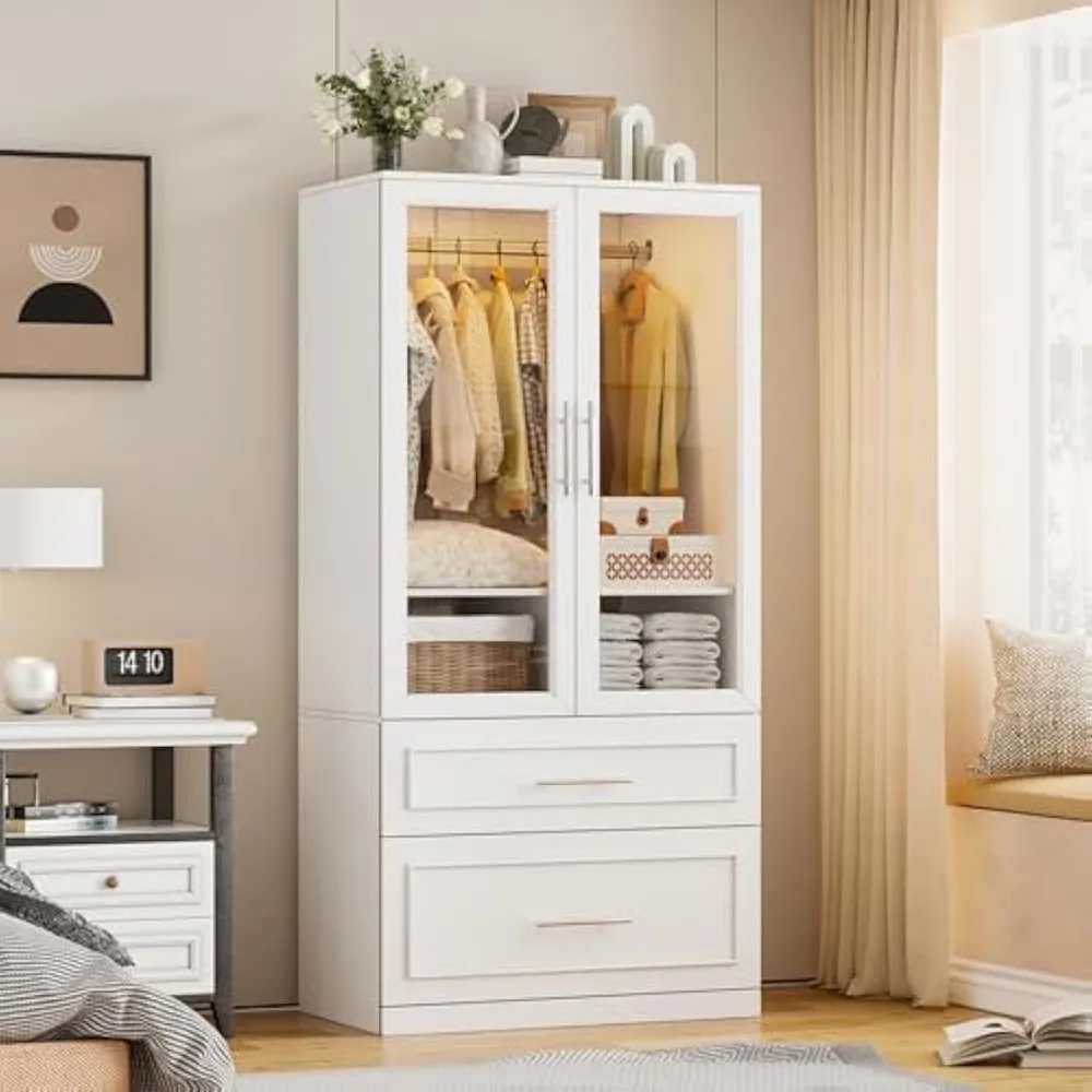 Armoire Wardrobe Closet Door and Drawers, Bedroom Closet Wardrobe Cabinet with Hanging Rod, Lighted Freestanding Armoire 4