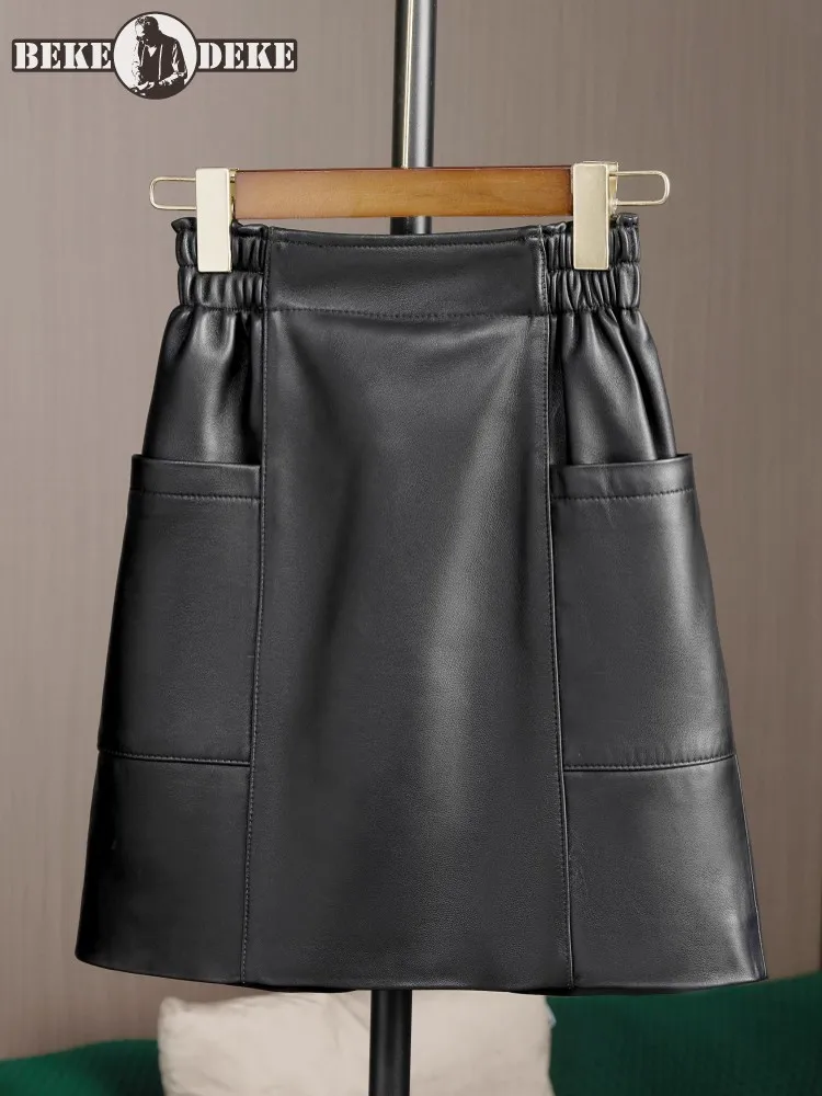 

Genuine Leather Skirt Women High Waist Pockets A Line Casual Short Mini Skirts Korean Style OL Slim Fit Real Sheepskin Skirt