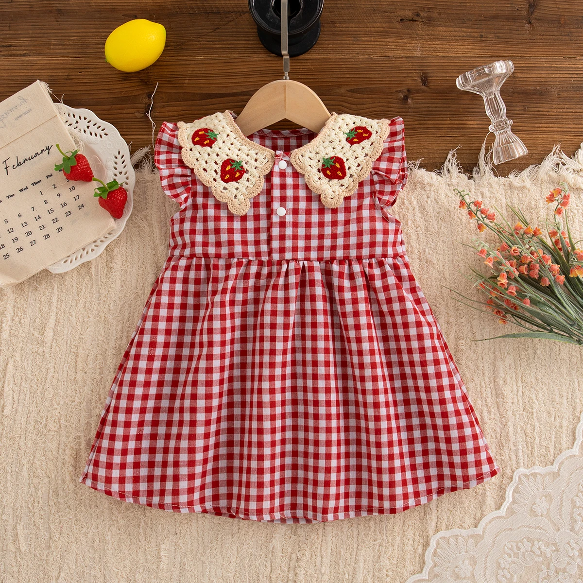 Baby Girl Dress Summer Red Checkered Cotton Girl Dress Cute Strawberry Lapel Girl Beach Dress 1