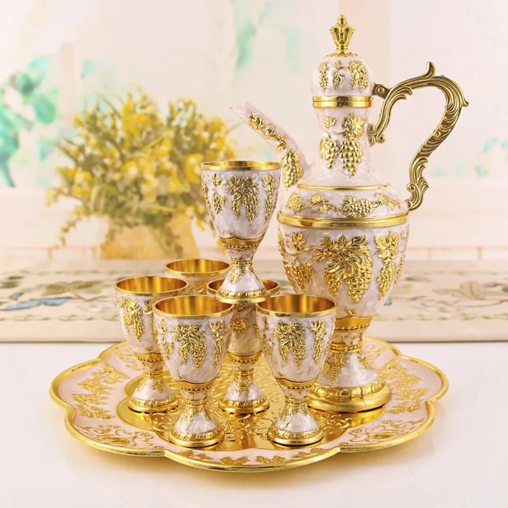 

8pcs European Metal Wine Set Vintage White Wine Jug Wine Dispenser Three-dimensional Embossed Fine Wine Glass Wedding Gift