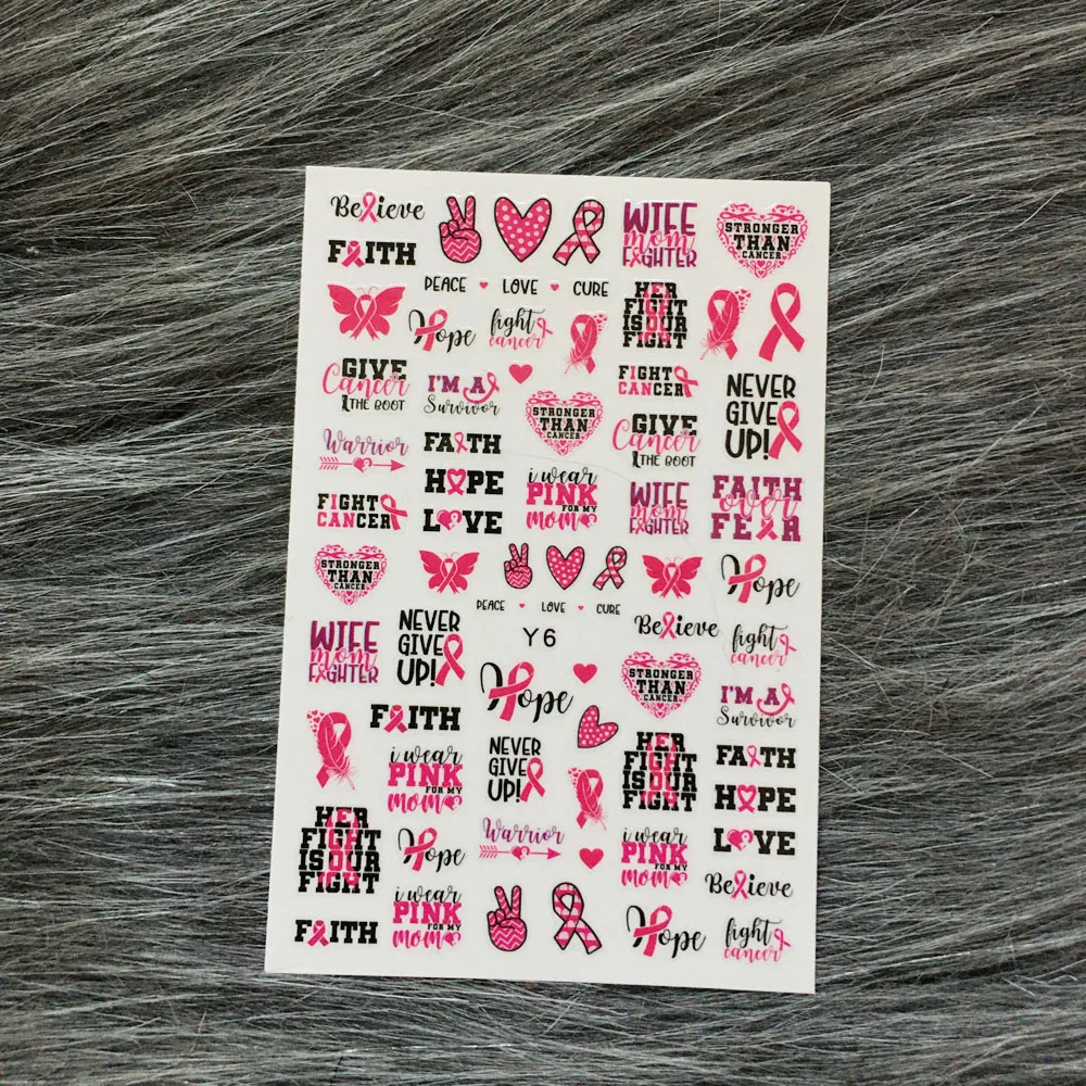 6Pcs/Set Breast Cancer Awareness Day Nail Art Sticker World Love Breast Health for Women Pink Ribbon Faith Hope Fight Decals