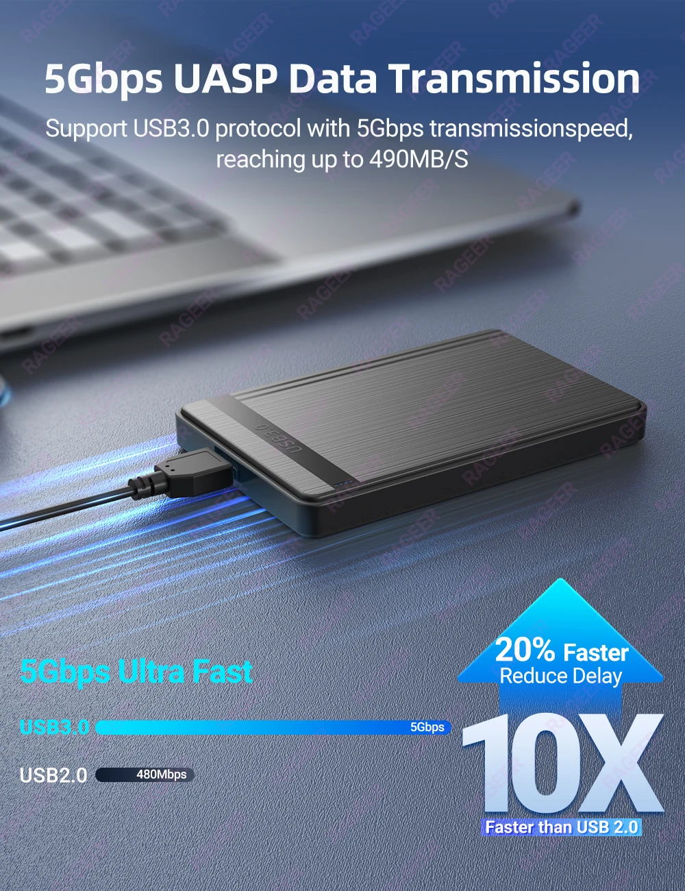 RAGEER SATA 2,5-Zoll-HDD-Gehäuse USB3.0 zu SATA 3.0 5 Gbit/s externes Festplattengehäuse für 7 mm/9,5 mm 2,5-Zoll-HDD-SSD, unterstützt UASP – Detail 2