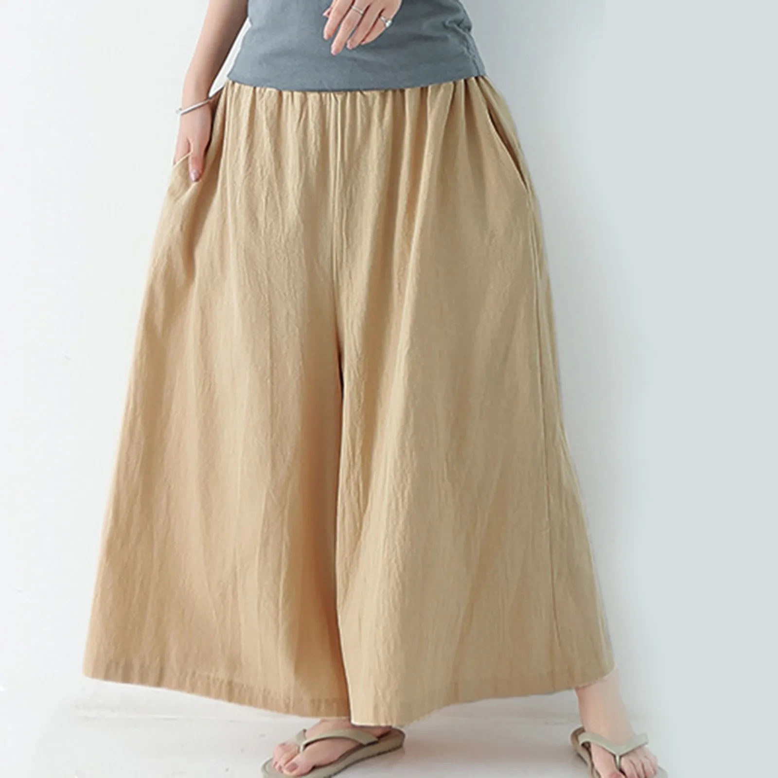 Women's Summer Drawstring Waist Wide Leg Loose Cotton Linen Palazzo Pants