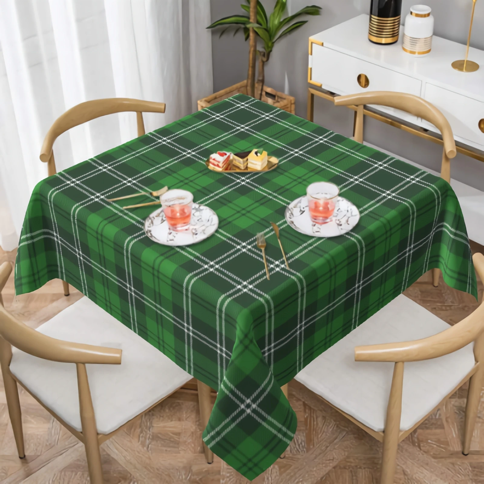 Green Black and White Check Plaid Tablecloth Tartan Table Cloth Polyester Waterproof Tablecloth