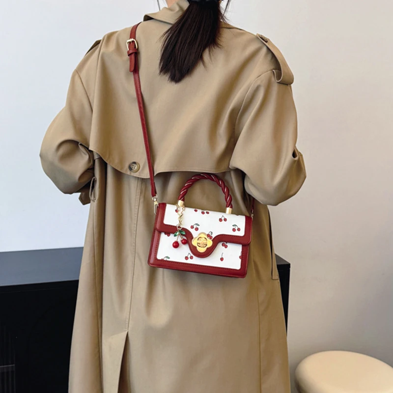 Fashion Cherry Print Top-Handle Bag Ladies Sweet Crossbody Bag Luxury Brand Small Square Bag 2024 Women High Quality Sling Purse