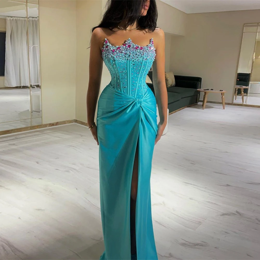 

Mermaid Satin Gown Evening Dresses Sparkle Crystal Crown Beaded Party Dress Sequins Formal Occasion Prom Luxury Vestidos De Gala