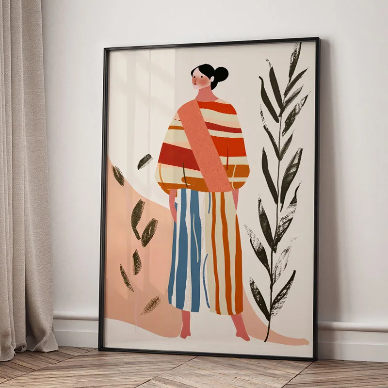 Quadro su tela con foglie e ragazza a righe in acquerello, poster astratti e stampe per hotel, bar, soggiorno, ufficio, decorazione da parete - immagine 3
