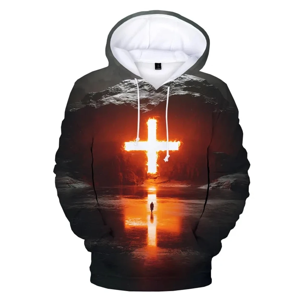 thumbnail image 1 of Suéter de manga larga con estampado 3D de Jesús y letras cruzadas para primavera y otoño, unisex, extragrande, para hombre, Y2K, 1 of 4