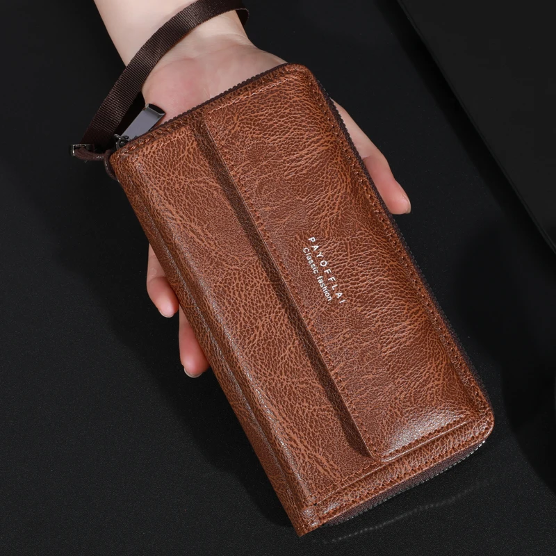 Men's PU Zipper Handbag Large Capacity Long Wallet Clutch Bag Phone Bag Multi card Card Holder Coin Purse Wallet Double Layer