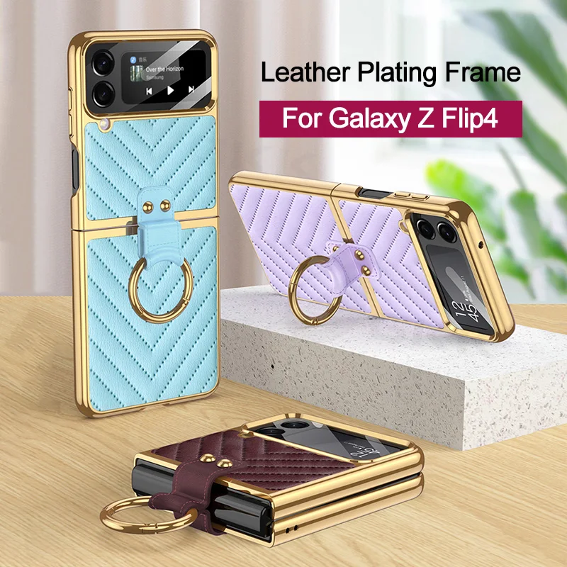 

GKK Electroplating Leather Hard Case For Samsung Galaxy Z Flip 4 Cover Back Screen Protection Ring Stand For Galaxy Z Flip4 Case