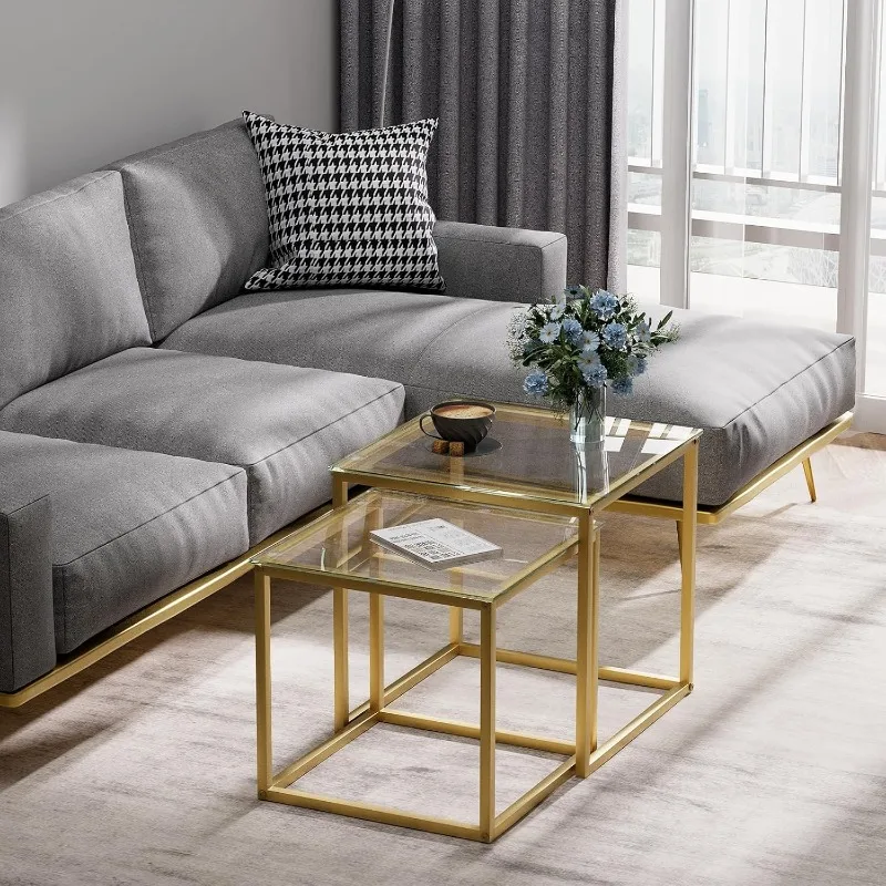 Coffee Table Set of 2, Modern Gold Glass Side Table, Metal Frame Square End Table, Center Tables Nesting Coffee Table. 3
