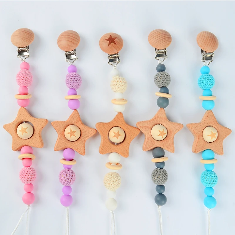 

Baby Pacifier Clip Chain Wood Star Bead Nursing Silicone Teethers Soother Anti-drop Chain Teething Toy Dummy Nipple Holder Clips