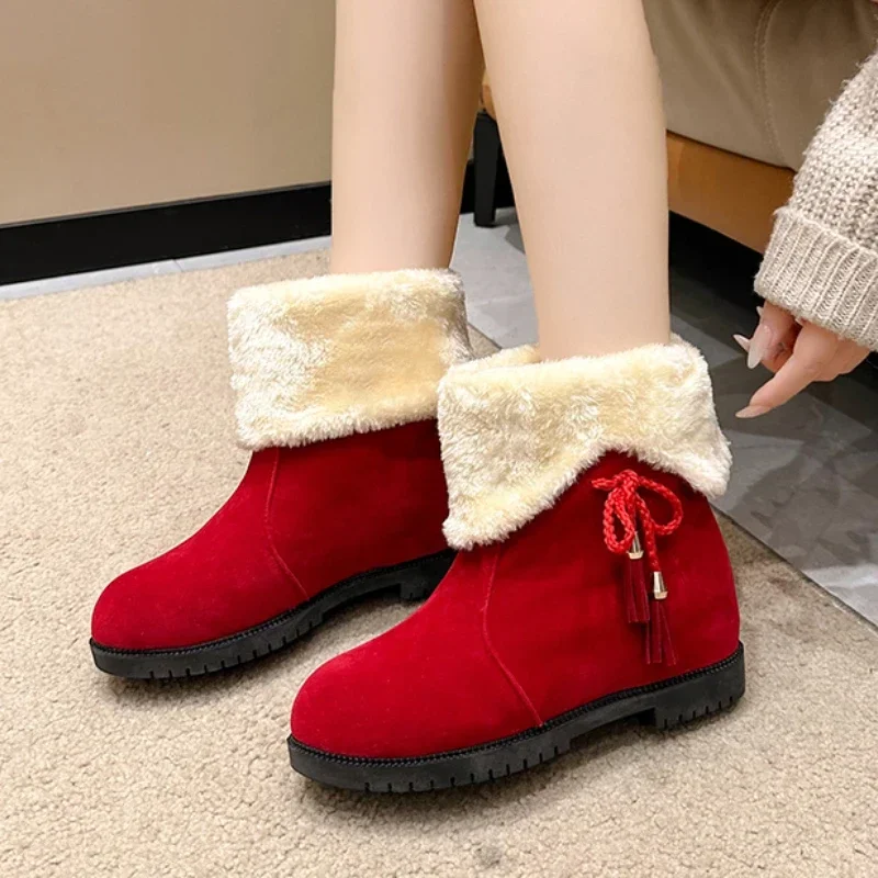 

Красные женские ботинки, новинка 2023, зимние плюшевые теплые женские ботинки на низком каблуке, Нескользящие уличные повседневные ботинки Botas De Mujer