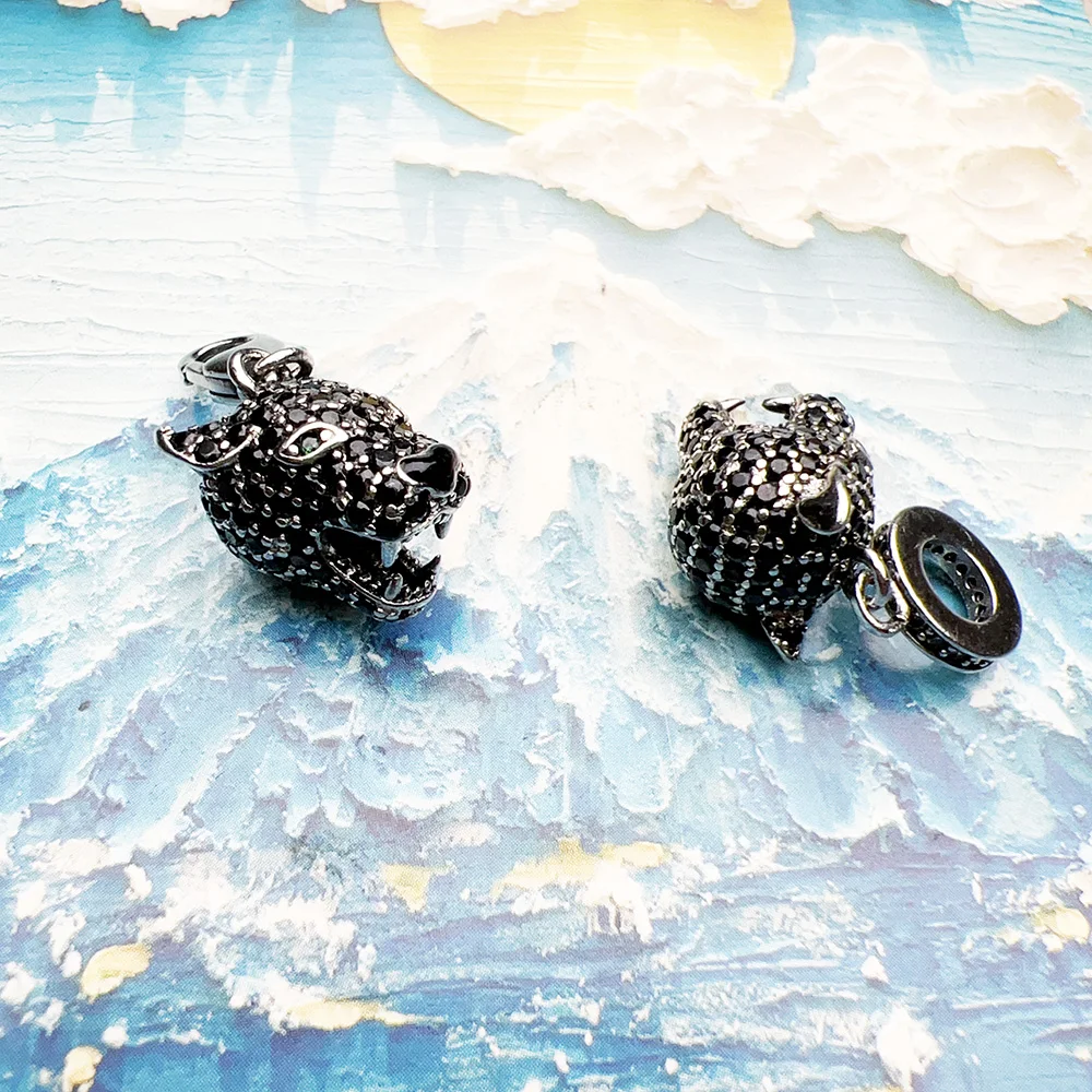 Charm Pendentif Tete Panthere Noire Argent Zircon