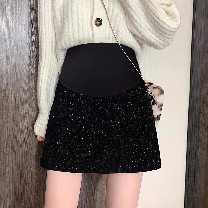 Japanese Style Pregnant Woman Belly Skirt Winter Black Elegant Office Lady Belly Skirts Slim Hips Maternity A-line Mini Skirts