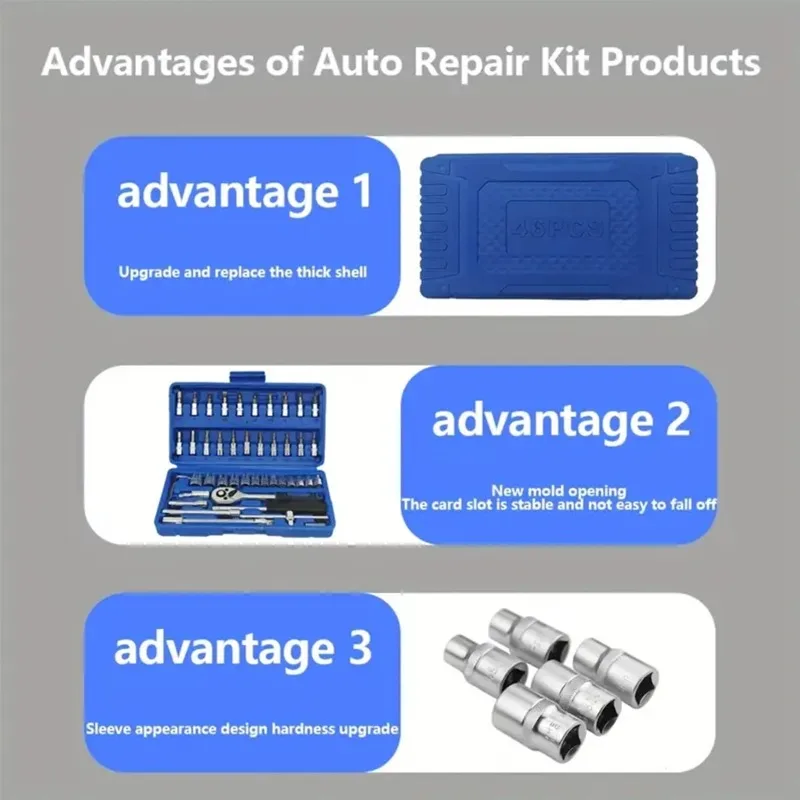46-Piece Socket Wrench Set Professional Automotive Tool Set Made of Chrome-Vanadium Steel Features Quick-Release Socket Wrench