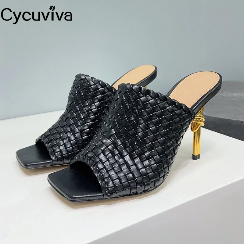 

Square Toe Leather High Heel Slippers Women Cross Weave Hollow Out Brand Mules Shoes Summer Runway Party Holiday Shoes For Women