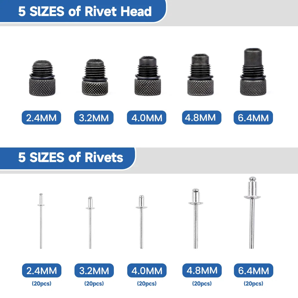 Blue Aluminum Alloy Cordless Electric Rivet Nut Gun Tool Set with Attachments  2.4/3.2/4.0/4.8mm DIY Automotive Hex Shank Nozzle 4