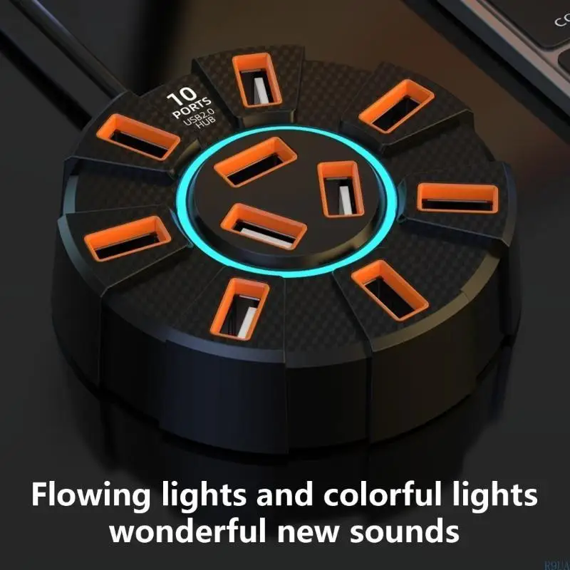 R9UA USB Docking Station Expansion Dock 10 Port USB Hub with Light 120cm Cable Extension Data Transfer Expander