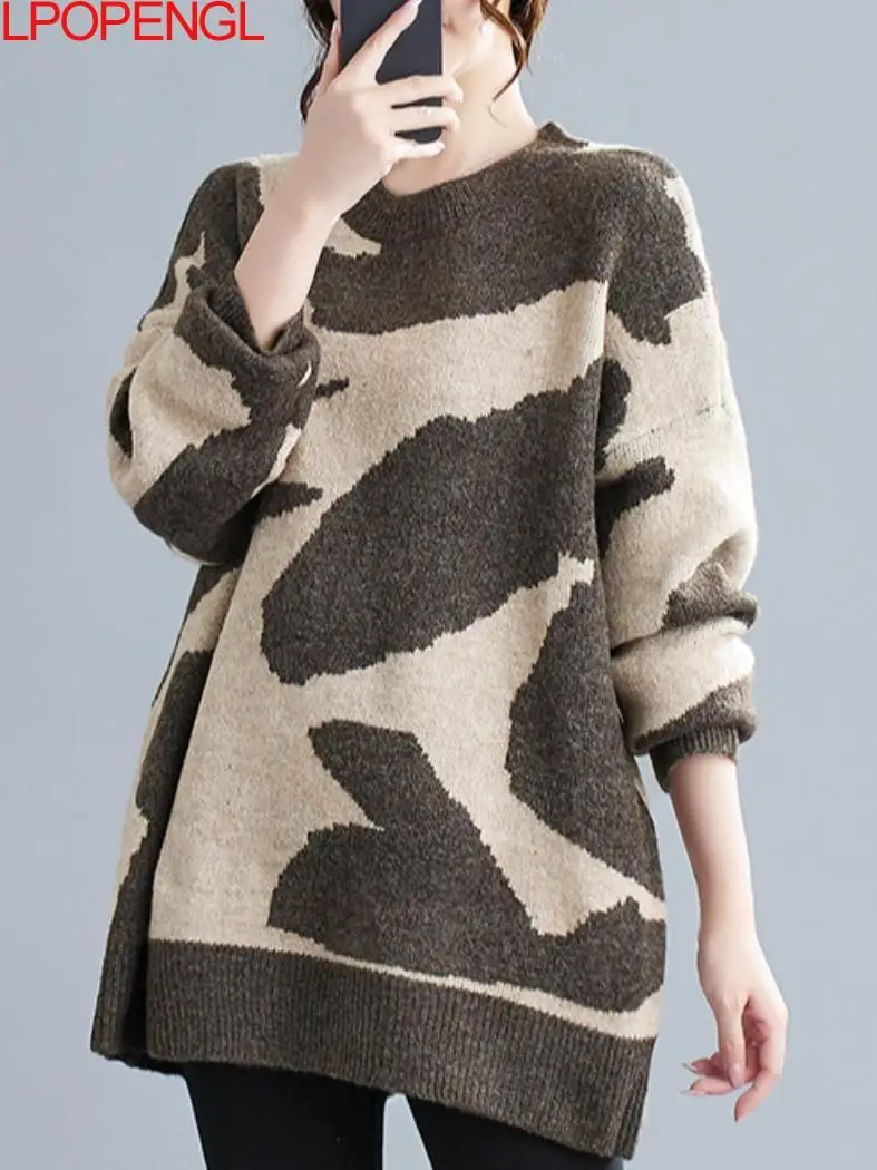 

2023 Women's Fashion Loose Knit Sweater Vintage Long Sleeve Soft Casual Autumn Streetwear Pullover Leopard Print Oversized Top