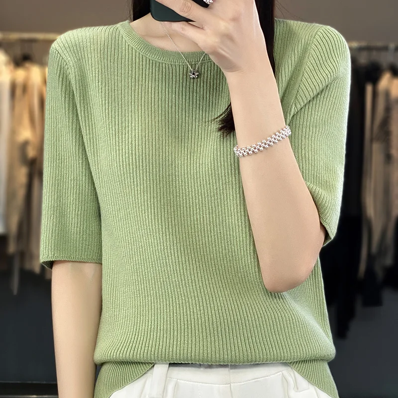 

2024 New Style 100% Wool O-neck Women's Pullovers Short Sleeve Sweaters Tops Lady's Soft Cashmere Jumpers TR02