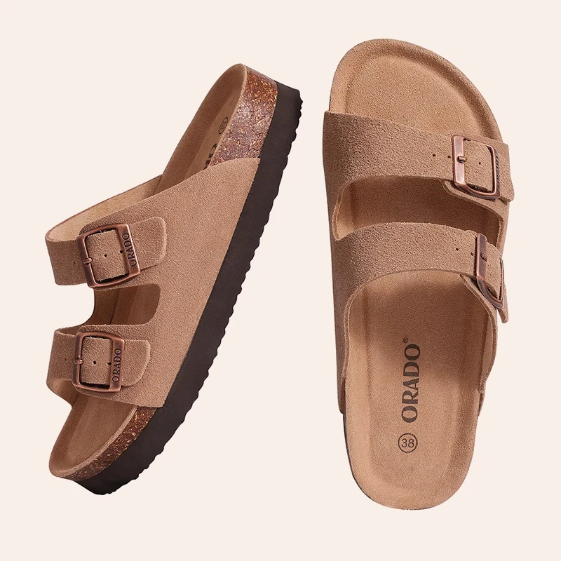 

Pallene Fashion Cork Slide Sandals For Women New Fashion Suede Flats Slippers Summer Couple Beach Slides With Adjustable Buckle