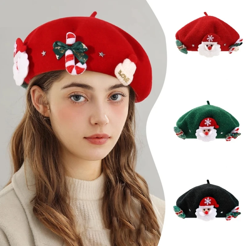 

Adult Christmas Theme Beret Hat Teens Girls Thicken French Hat Women Winter Festival Windproof Outdoor Painter Cap Photo Props