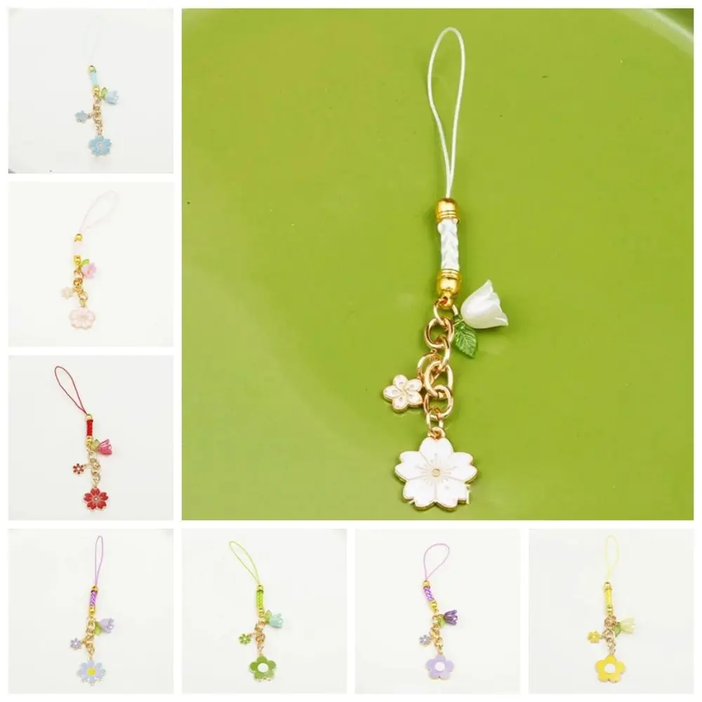 Phone Lanyard Anti Loss Cherry Flower Shape Mobile Phone Hanging Rope Keychain Colorful Pendant