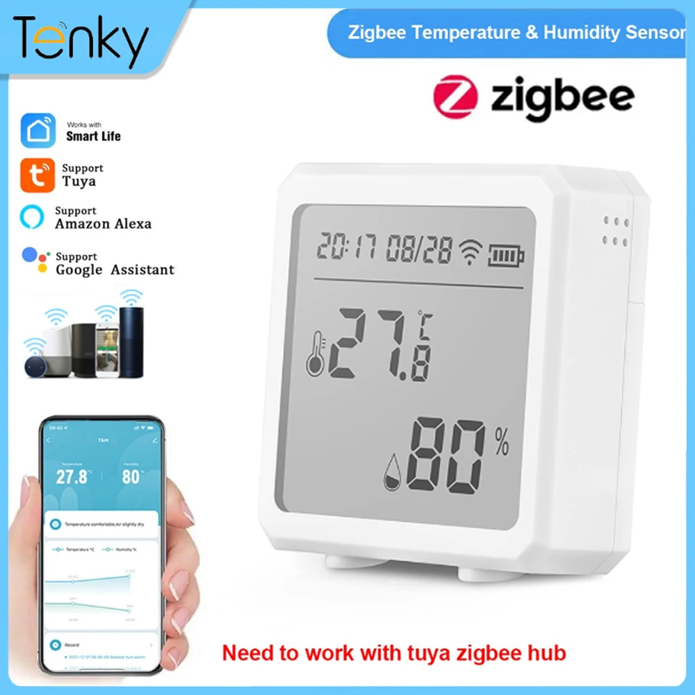 

Датчик температуры и влажности Tuya Zigbee, умный беспроводной термометр с ЖК-экраном, работает с Alexa Google