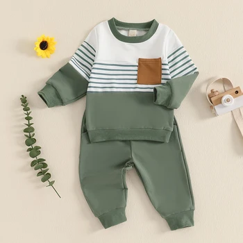 Kids Baby Boys 2-piece Outfits Autumn Activewear Long Sleeve Stripes Sweatshirt and Elastic Waist Sweatpants Sets 6