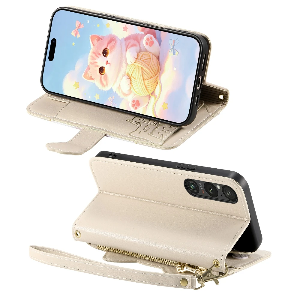 Cat Pattern Crossbody Leather Wallet Case with Stand and Strap