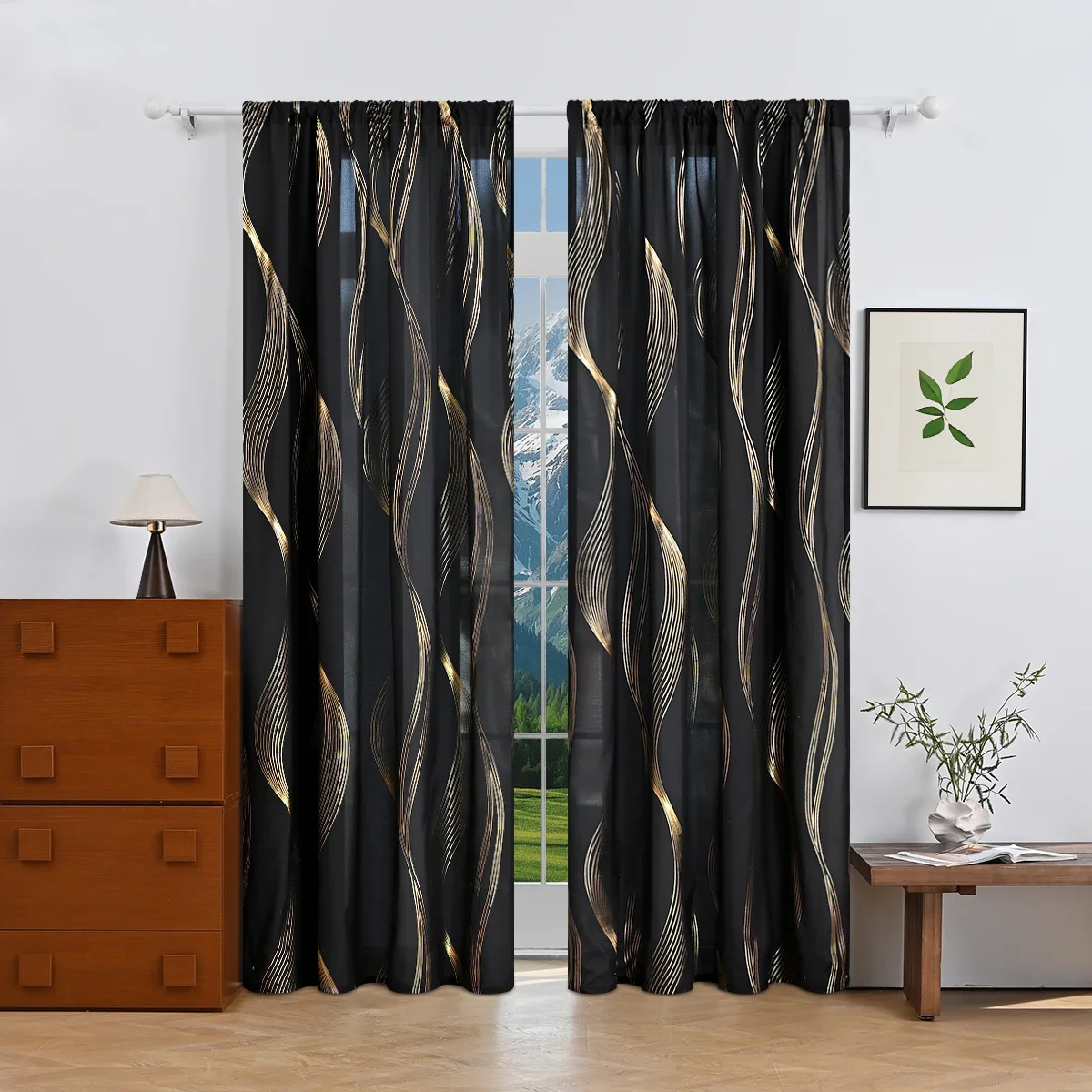 2pcs Luxury Marble Pattern Curtains with Gold Foil Precision, Rod Pocket Window