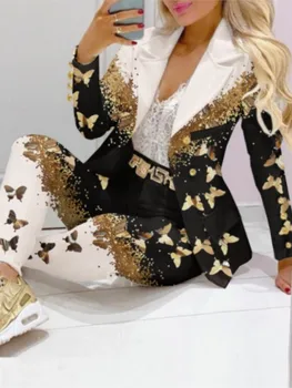 Autumn Winter Fashion Butterfly Print Blazer Suit And Pants Two Piece Sets 2024 Elegant Women Outfit Office Lady Casual Clothing 1