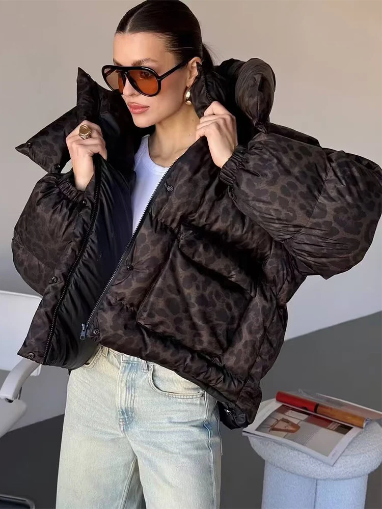 Women's Winter Jacket Hooded Leopard Print Short Parkas Coats For Women Street Thick Warm Casual Stand Collar Zipper Down Coat ﻿