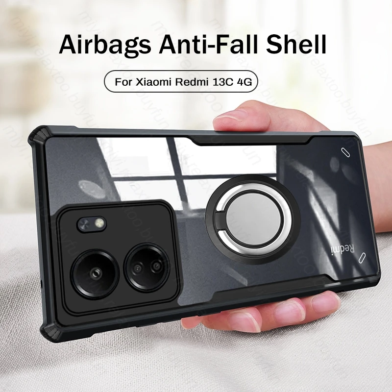 Custodia In Acrilico Trasparente Per Xiaomi Redmi 13C 4G Magnet Holder Ring Armor Telefono Antiurto Coque Redmi13C 13 C Muslimate 6.74"