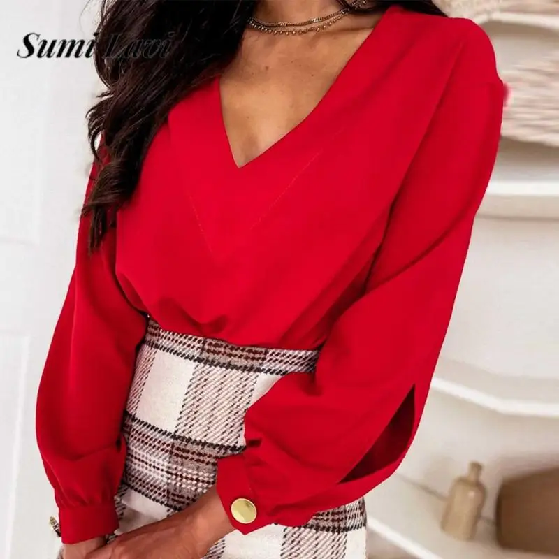 

Autumn Solid Color Versatile Ladies Blouse Fashion V Neck Hollow Out Long Sleeve Pullover Elegant Ladies Office Commuter Shirt